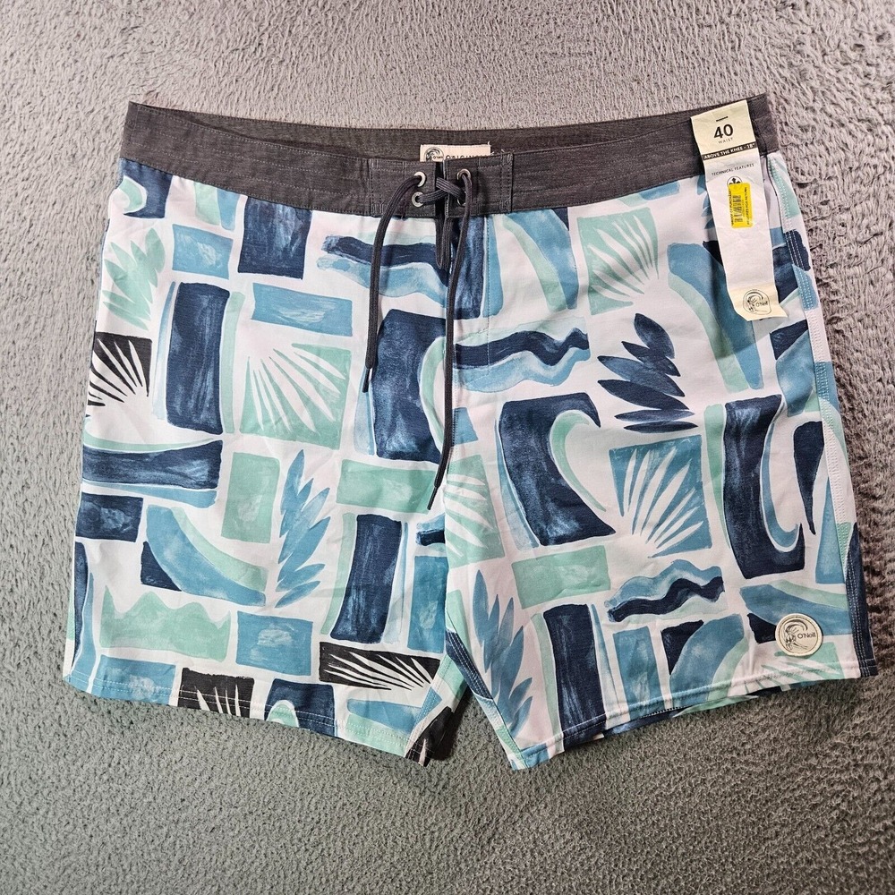 NWT O'Neill Board Shorts Swim Trunks Men 40 No Liner Geometric‎ Green White